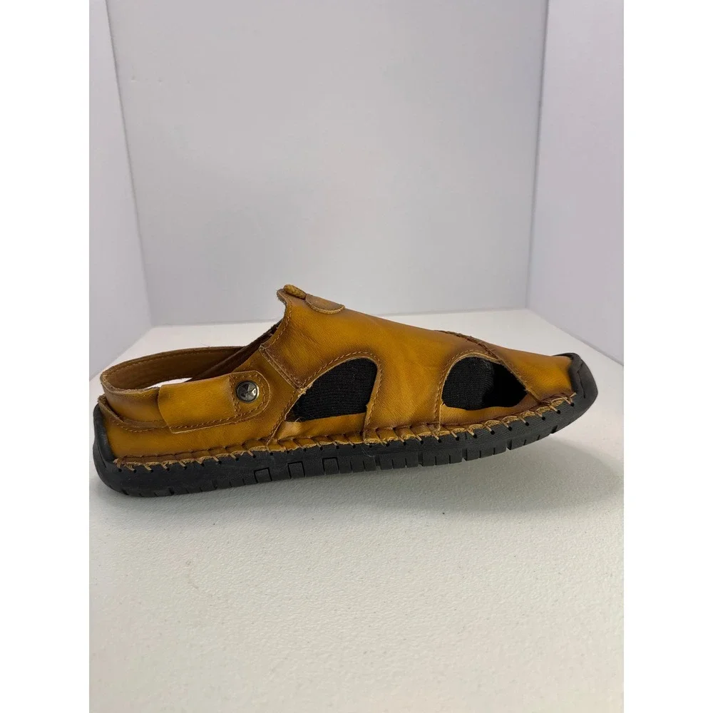 Fashion Mens Tan Leather Fisherman Sandals Closed Toe Stitched Rubber Sole 11.5